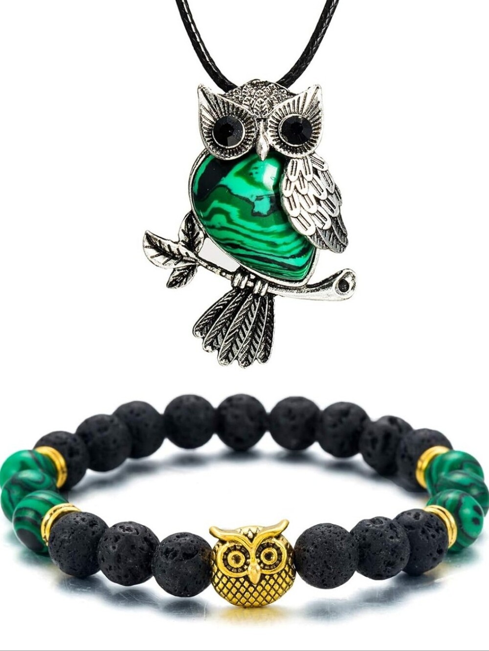Green Owl Pendant Necklace & Lava Bead Bracelet Set